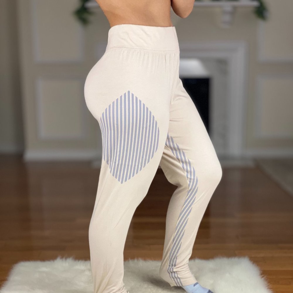 Missguided Cream Gray Stripe Leggings w/ elastic waist Women's Size 11-12 /LARGE